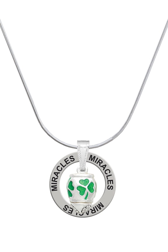 Silvertone Green Shamrock Spinner Miracles Ring Charm Necklace, 18"