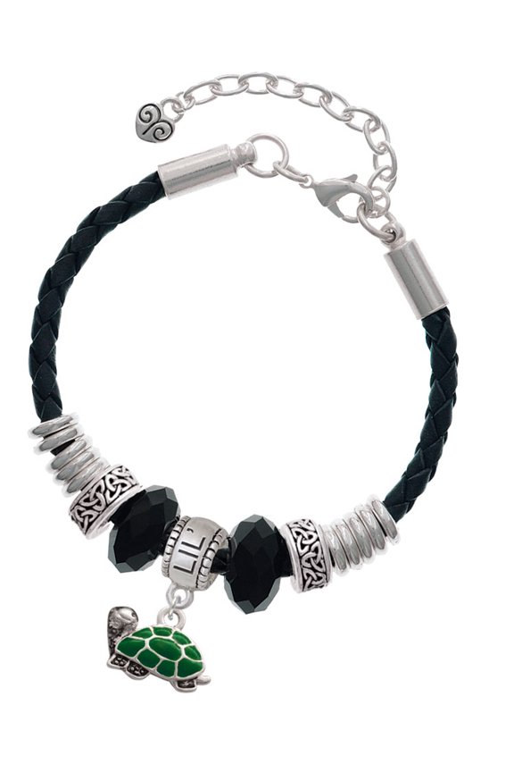 Silvertone Green Side Turtle Big Sister Celtic Knot Leather Bead Bracelet, 7"+2" Extender
