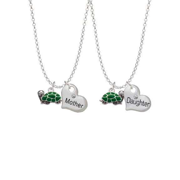 Delight Jewelry Silvertone Green Side Turtle Mother & Daughter Heart Necklaces (Set of 2), 19"+2"