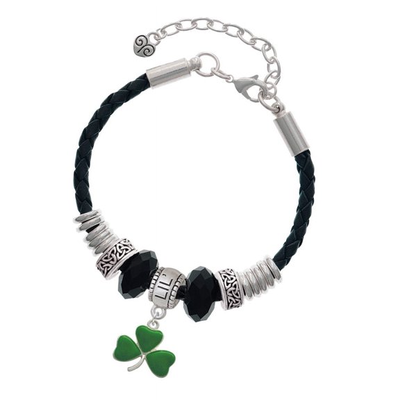 Delight Jewelry Silvertone Green Three Leaf Clover - Shamrock Lil Sister Celtic Knot Leather Bead Bracelet, 7"+2" Extender