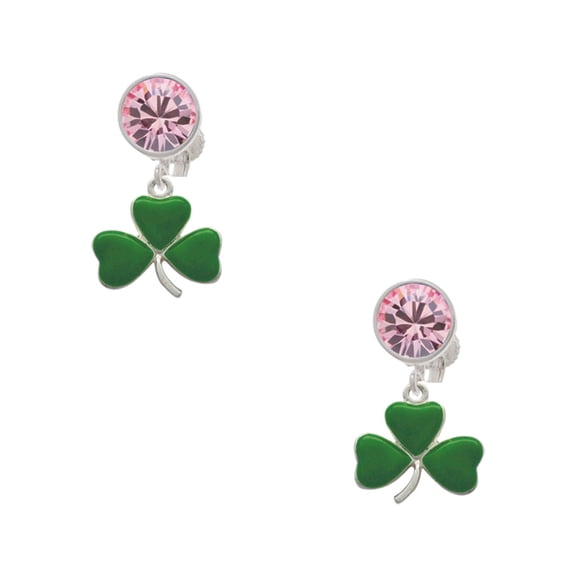 Delight Jewelry Silvertone Green Three Leaf Clover - Shamrock Pink Crystal Clip on Earrings