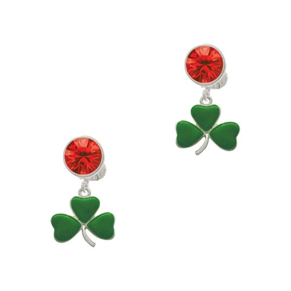 Delight Jewelry Silvertone Green Three Leaf Clover - Shamrock Red Crystal Clip on Earrings