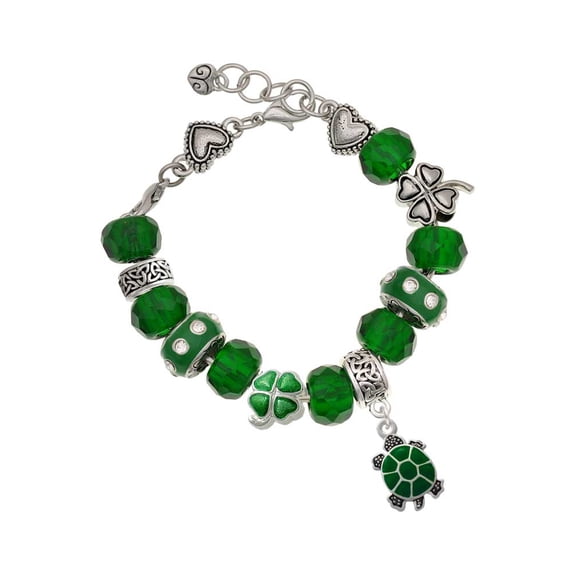 Delight Jewelry Silvertone Green Top Turtle - Green Irish Luck Bead Charm Bracelet, 7.5"