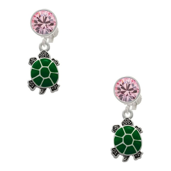 Delight Jewelry Silvertone Green Top Turtle Pink Crystal Clip on Earrings