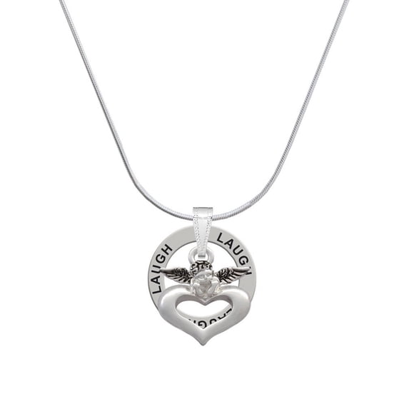 Delight Jewelry Silvertone Guardian Angel over Heart Laugh Ring Charm Necklace, 18"
