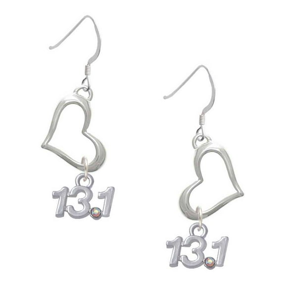 Delight Jewelry Silvertone Half Marathon - 13.1 with Clear AB Crystal Open Heart French Earrings