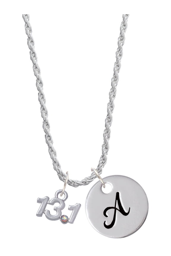 Silvertone Half Marathon - 13.1 with Clear AB Crystal Silvertone Script Initial Disc - A - Charm Necklace, 20"+3"