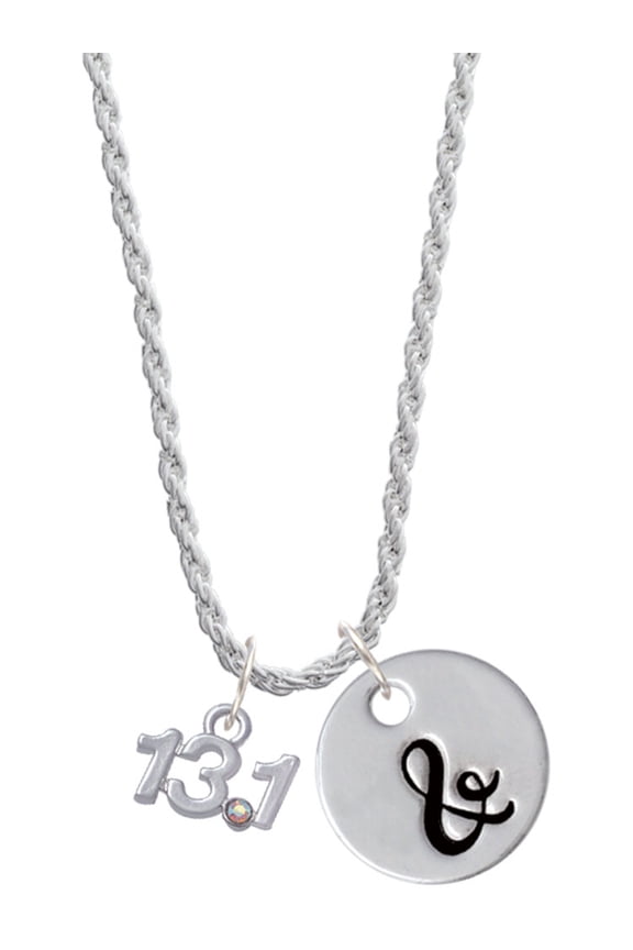 Silvertone Half Marathon - 13.1 with Clear AB Crystal Silvertone Script Initial Disc - & - Charm Necklace, 20"+3"