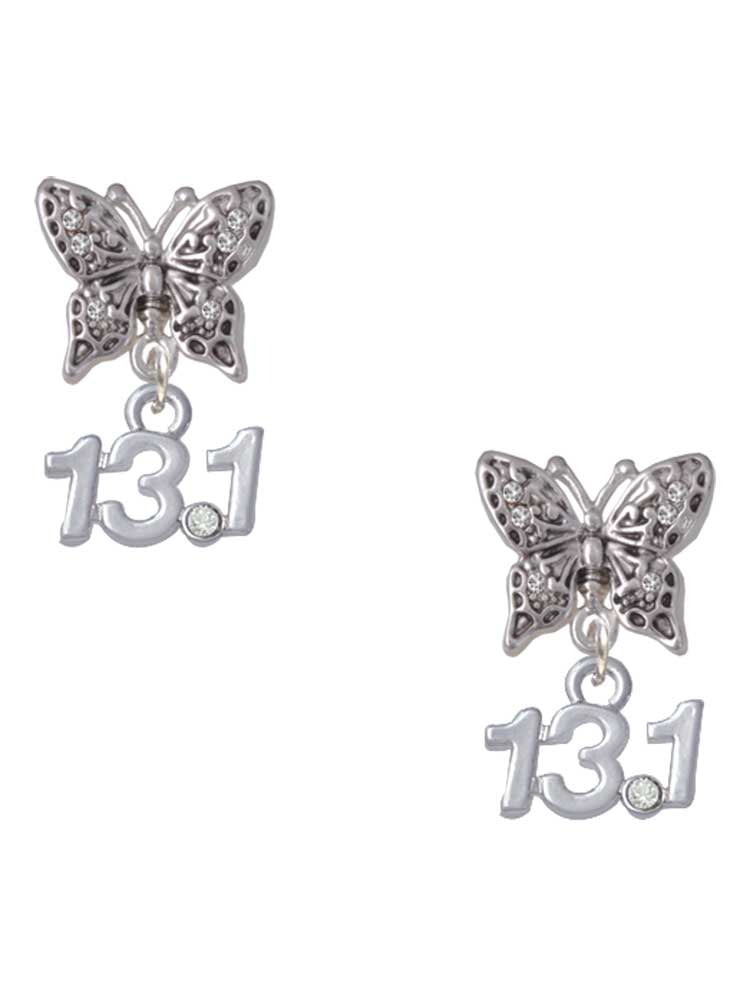 Delight Jewelry Silvertone Half Marathon - 13.1 with Clear Crystal Silvertone Antiqued Butterfly Post Earrings