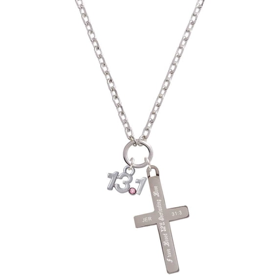 Delight Jewelry Silvertone Half Marathon - 13.1 with Pink Crystal Everlasting Love Engraved Cross Zoey Necklace, 28"