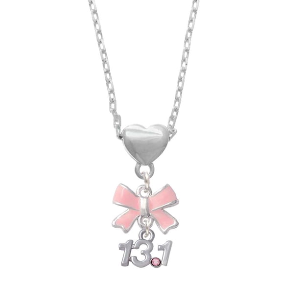 Delight Jewelry Silvertone Half Marathon - 13.1 with Pink Crystal Pink Bow Heart Necklace