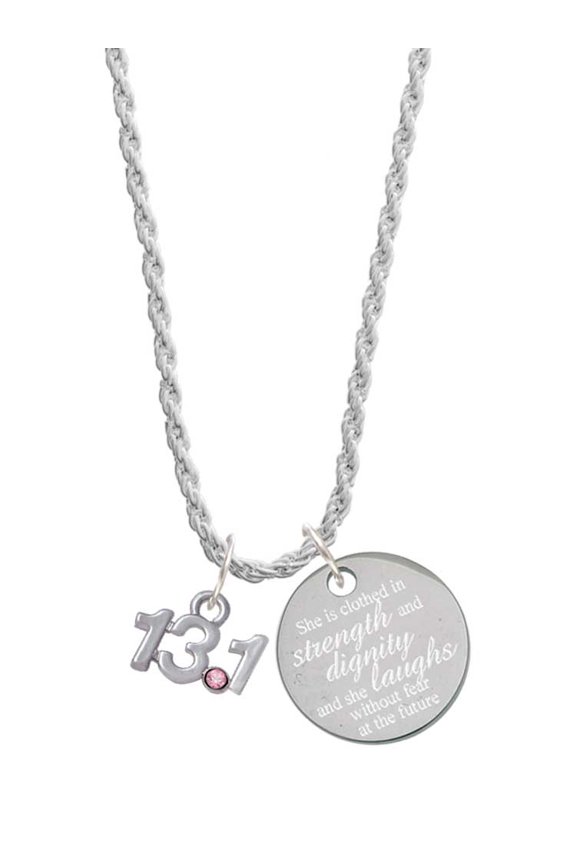 Silvertone Half Marathon - 13.1 with Pink Crystal She is Clothed in Stength and Dignity Charm Necklace, 20"+3"