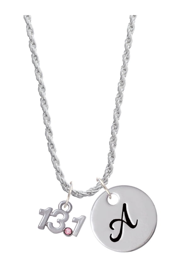 Silvertone Half Marathon - 13.1 with Pink Crystal Silvertone Script Initial Disc - A - Charm Necklace, 20"+3"