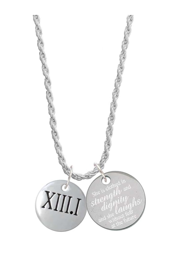 Silvertone Half Marathon Roman Numeral She is Clothed in Stength and Dignity Charm Necklace, 20"+3"