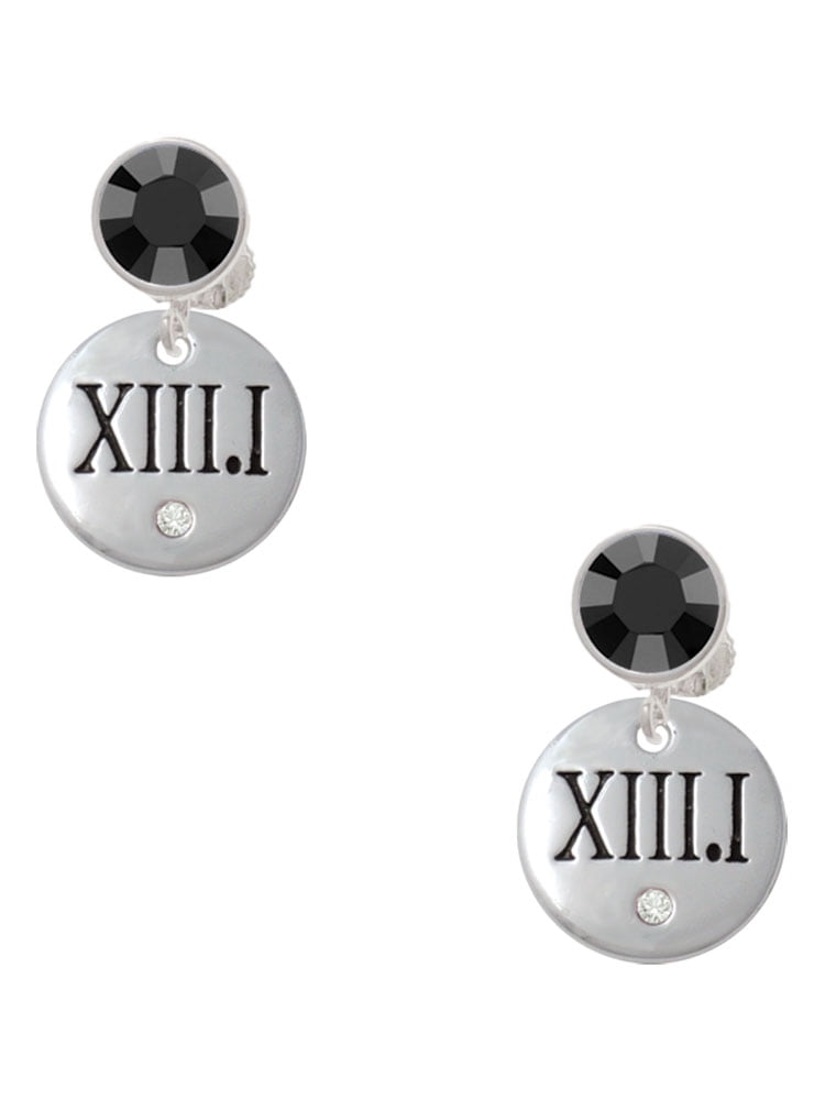 Delight Jewelry Silvertone Half Marathon with Clear Crystal Roman Numeral Black Crystal Clip on Earrings