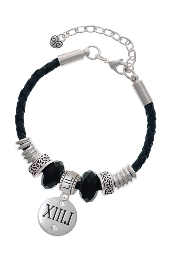 Silvertone Half Marathon with Clear Crystal Roman Numeral Lil Sister Celtic Knot Leather Bead Bracelet, 7"+2" Extender