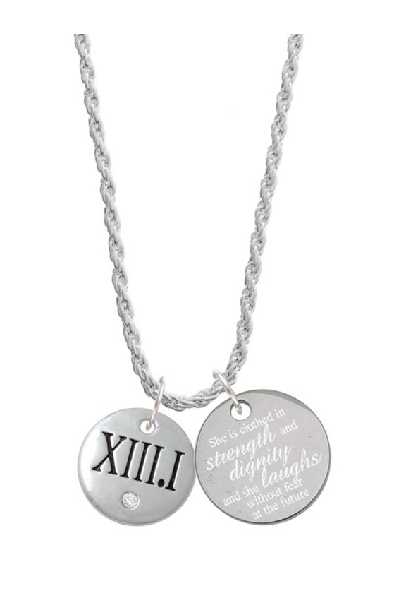 Silvertone Half Marathon with Clear Crystal Roman Numeral She is Clothed in Stength and Dignity Charm Necklace, 20"+3"
