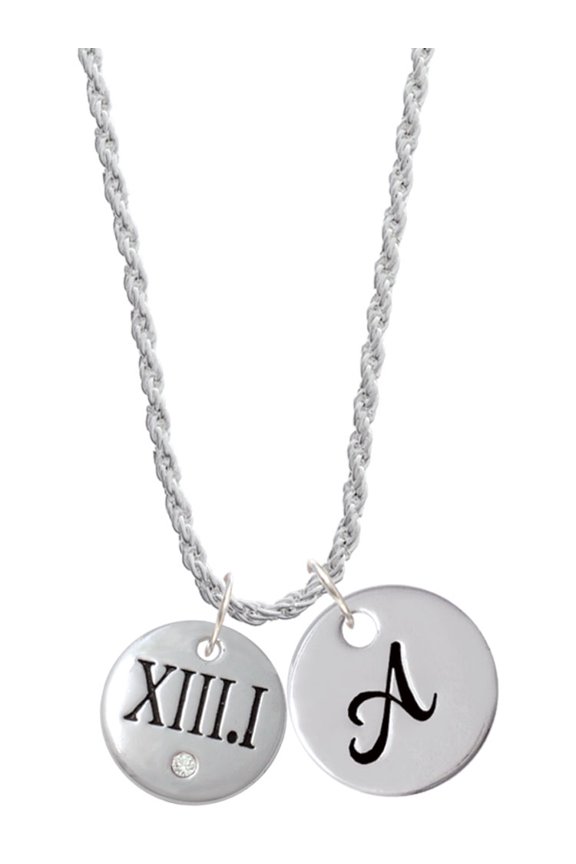 Silvertone Half Marathon with Clear Crystal Roman Numeral Silvertone Script Initial Disc - A - Charm Necklace, 20"+3"