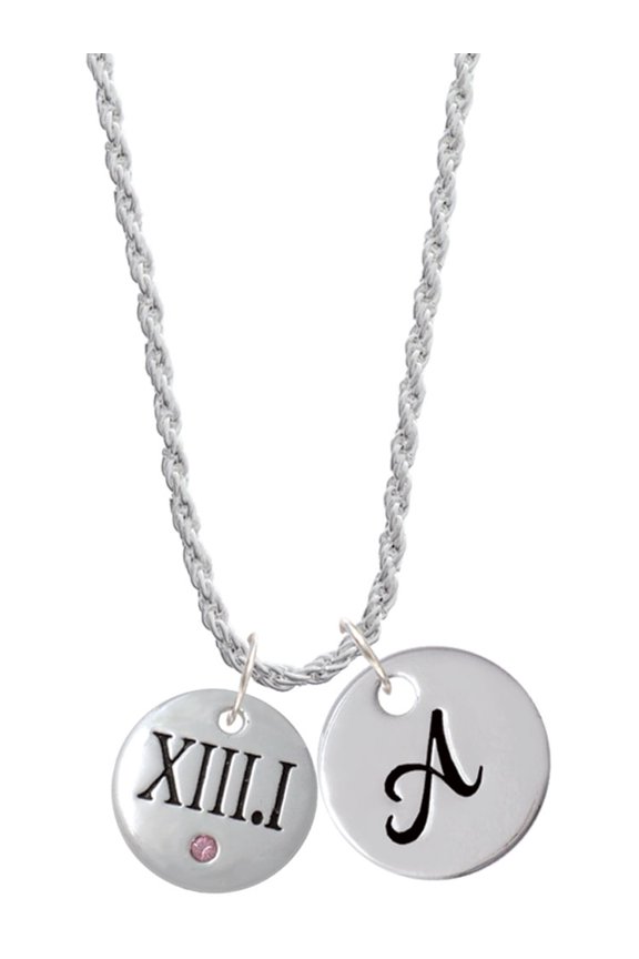 Silvertone Half Marathon with Pink Crystal Roman Numeral Silvertone Script Initial Disc - A - Charm Necklace, 20"+3"