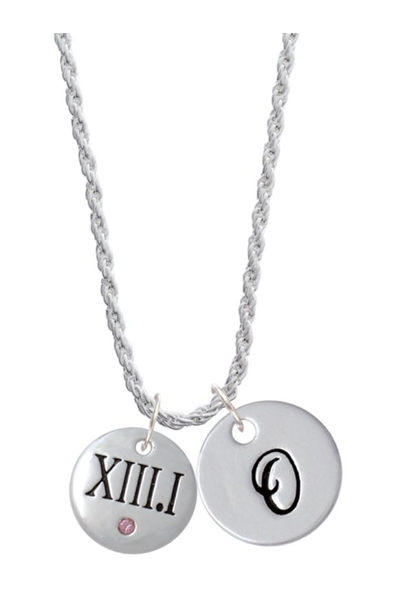 Silvertone Half Marathon with Pink Crystal Roman Numeral Silvertone Script Initial Disc - O - Charm Necklace, 20"+3"