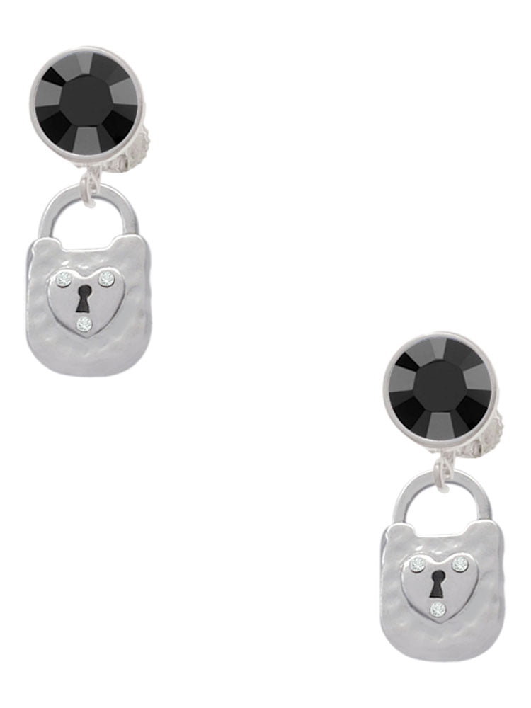 Delight Jewelry Silvertone Hammered Lock with Heart and Clear Crystals Black Crystal Clip on Earrings