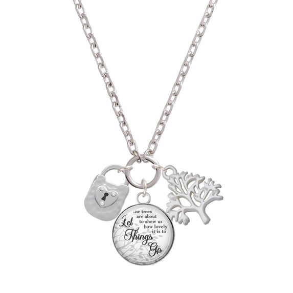 Delight Jewelry Silvertone Hammered Lock with Heart and Clear Crystals Let Things Go Fall Zoey Charm Necklace, 28"