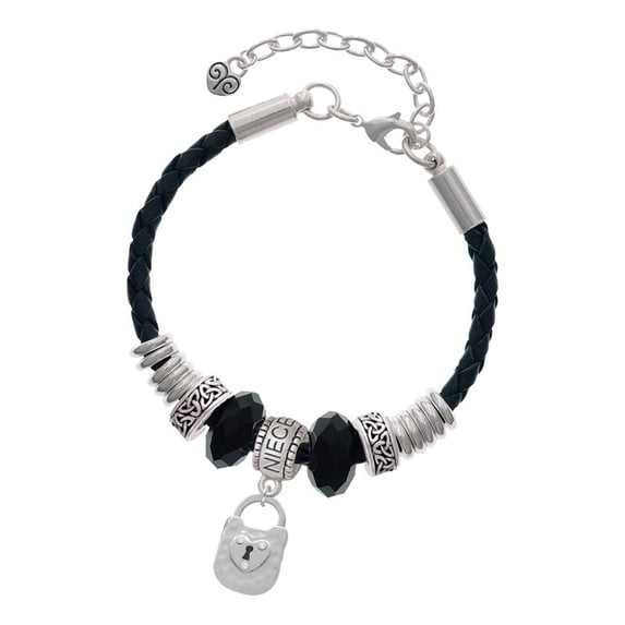 Delight Jewelry Silvertone Hammered Lock with Heart and Clear Crystals Niece Celtic Knot Leather Bead Bracelet, 7"+2" Extender