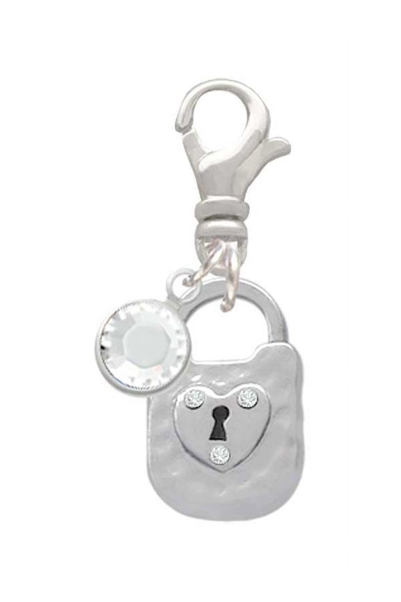Silvertone Hammered Lock with Heart and Clear Crystals - Silvertone Clip on Charm with Clear Crystal Drop