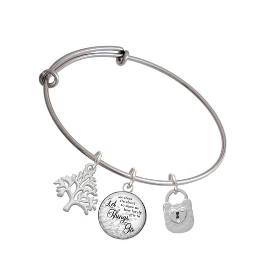 Delight Jewelry Silvertone Hammered Lock with Heart and Clear Crystals Silvertone Let Things Go Tree Charm Bangle Bracelet