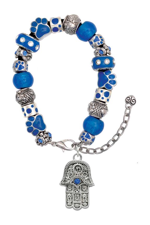 Silvertone Hamsa Hand with Blue Crystal Blue Paw Print Bead Bracelet, 7"+2"