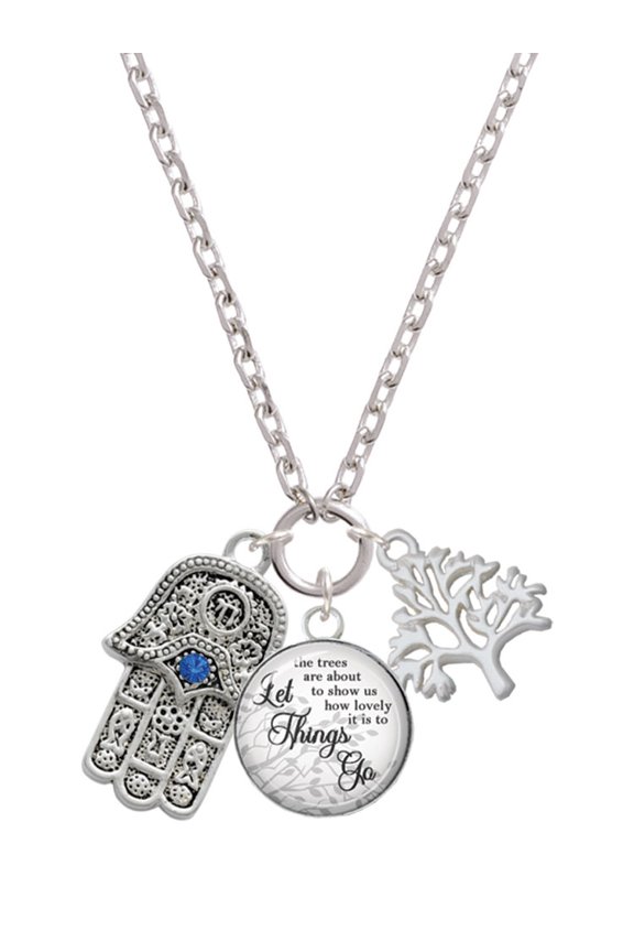 Silvertone Hamsa Hand with Blue Crystal Let Things Go Fall Zoey Charm Necklace, 28"