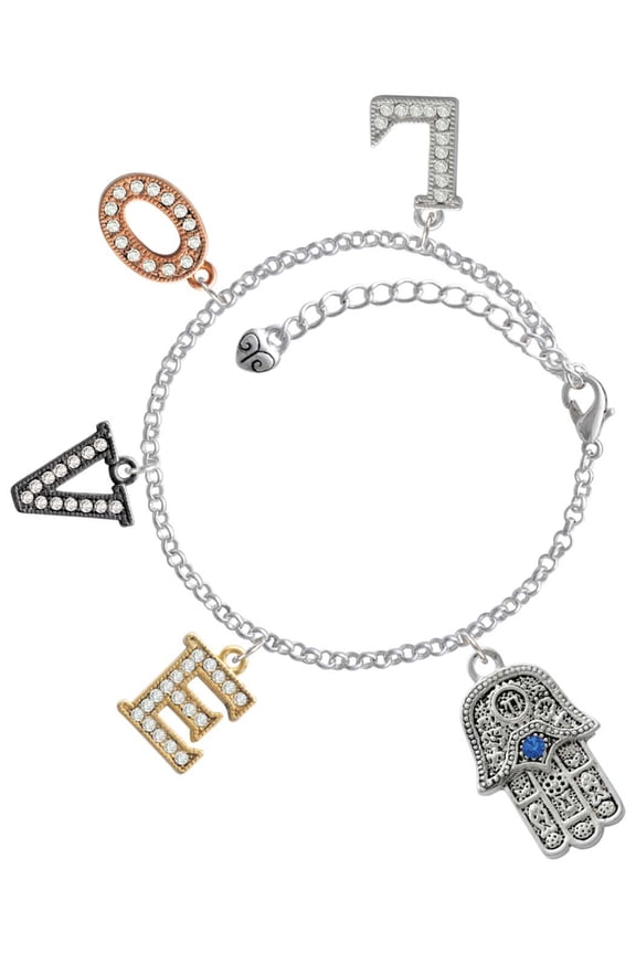 Silvertone Hamsa Hand with Blue Crystal Multi-Colored Crystal Love Charm Bracelet