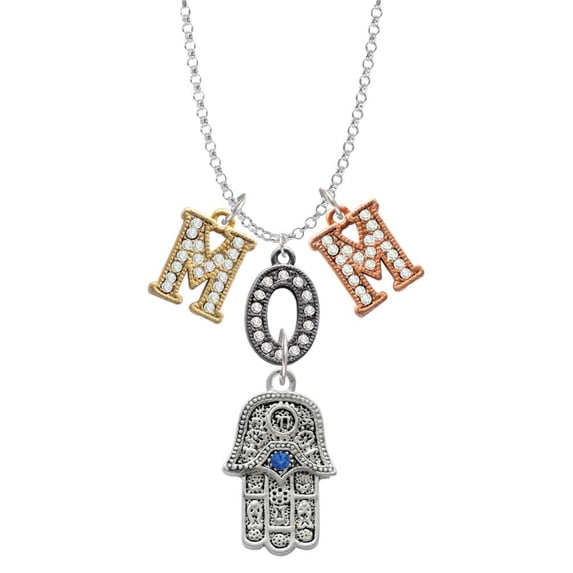 Delight Jewelry Silvertone Hamsa Hand with Blue Crystal Multi-Colored Crystal Mom Charm Necklace