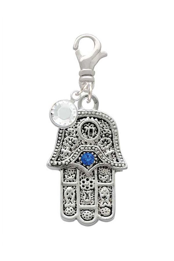 Silvertone Hamsa Hand with Blue Crystal - Silvertone Clip on Charm with Clear Crystal Drop