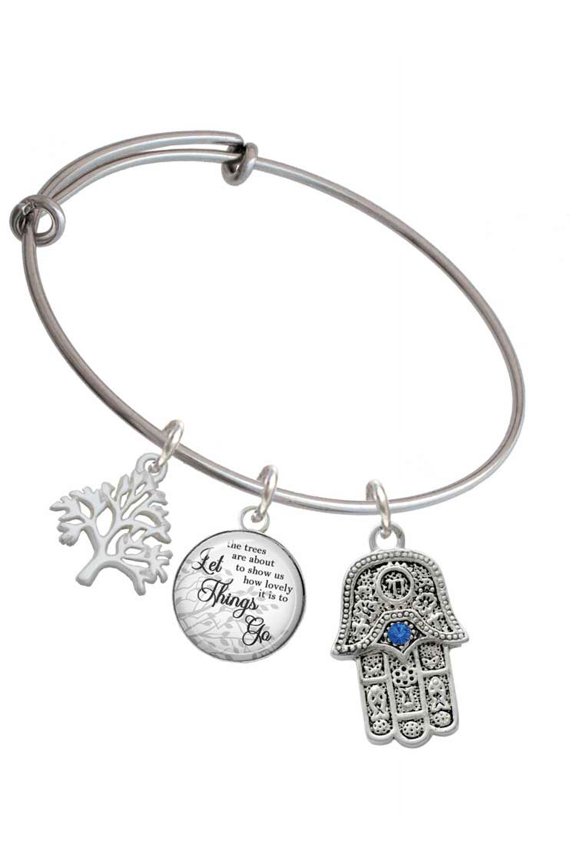Silvertone Hamsa Hand with Blue Crystal Silvertone Let Things Go Tree Charm Bangle Bracelet