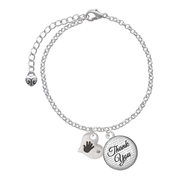 Delight Jewelry Silvertone Hand Print Heart - Domed Thank You Charm Bracelet, 6"+2"