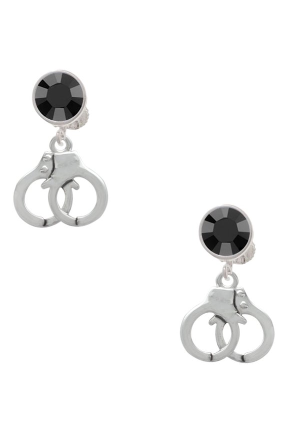 Silvertone Handcuffs Black Crystal Clip on Earrings
