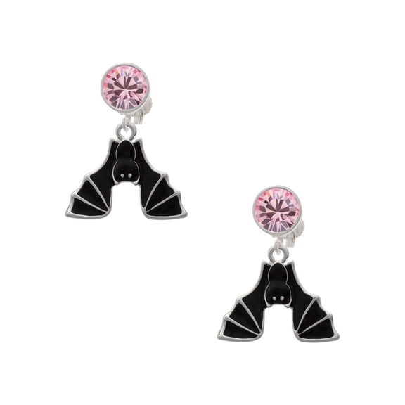 Delight Jewelry Silvertone Hanging Bat Pink Crystal Clip on Earrings
