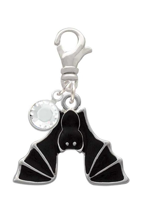 Silvertone Hanging Bat - Silvertone Clip on Charm with Clear Crystal Drop