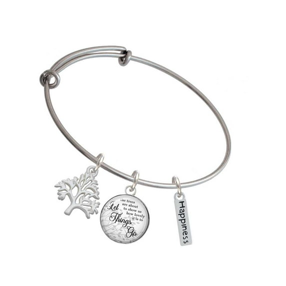 Delight Jewelry Silvertone Happiness Rectangle Silvertone Let Things Go Tree Charm Bangle Bracelet
