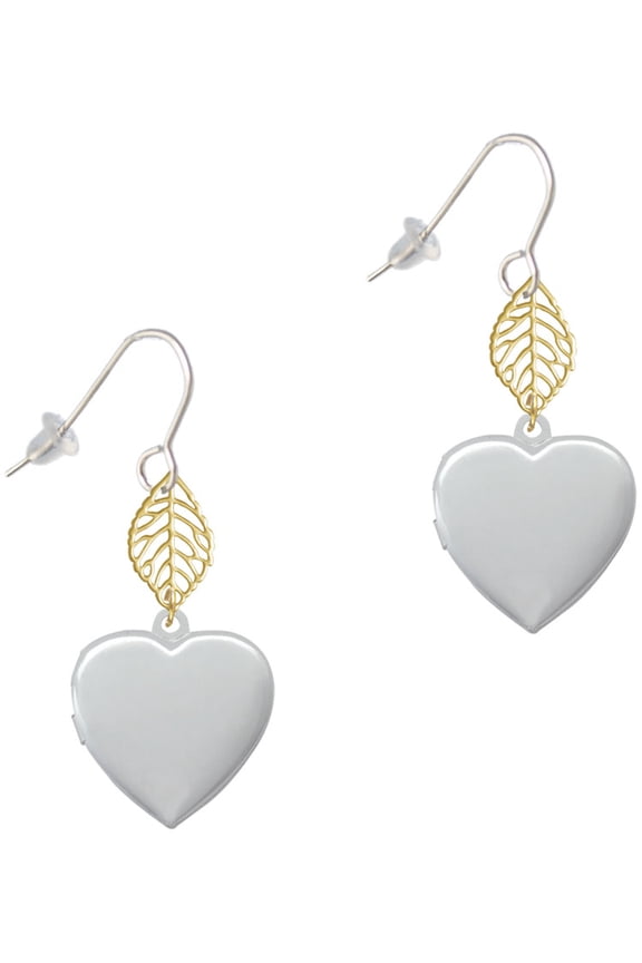 Silvertone Heart Locket Goldtone Leaf French Earrings