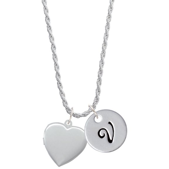 Delight Jewelry Silvertone Heart Locket Silvertone Script Initial Disc - V - Charm Necklace, 20"+3"