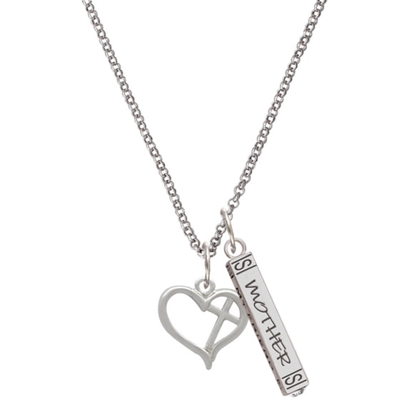 Delight Jewelry Silvertone Heart Outline with diagonal Cross Silvertone Mother Daughter Bar Charm Necklace, 23"