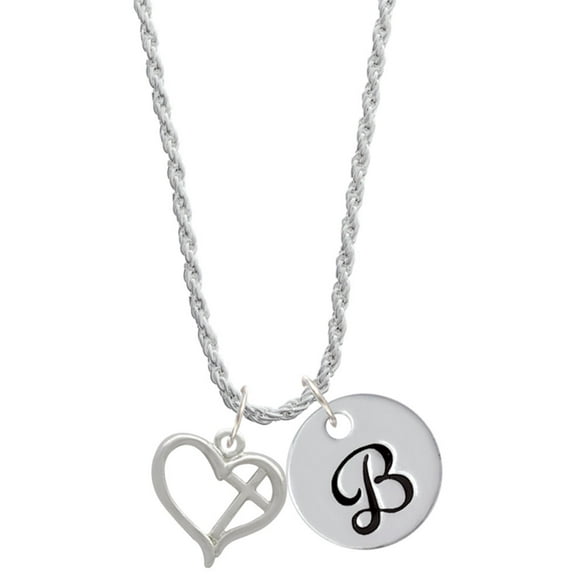 Delight Jewelry Silvertone Heart Outline with diagonal Cross Silvertone Script Initial Disc - B - Charm Necklace, 20"+3"