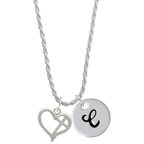 Delight Jewelry Silvertone Heart Outline with diagonal Cross Silvertone Script Initial Disc - C - Charm Necklace, 20"+3"