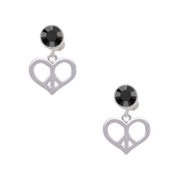 Delight Jewelry Silvertone Heart Peace Sign Black Crystal Clip on Earrings