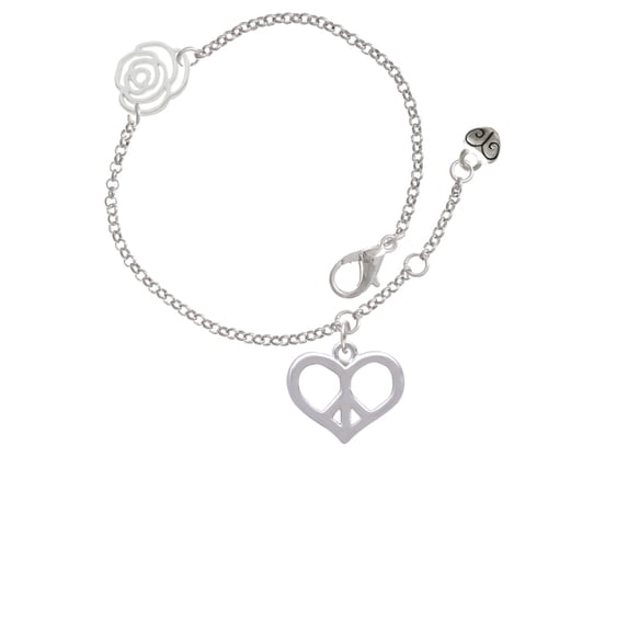 Delight Jewelry Silvertone Heart Peace Sign Silver-tone Rose Link Chain Bracelet, 6.25"+1.75" Extender