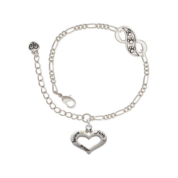 Delight Jewelry Silvertone Heart with 3 AB Crystals - Believe Faith Prayer Silver-tone Paw Infinity Link Chain Bracelet, 6"+2" Extender