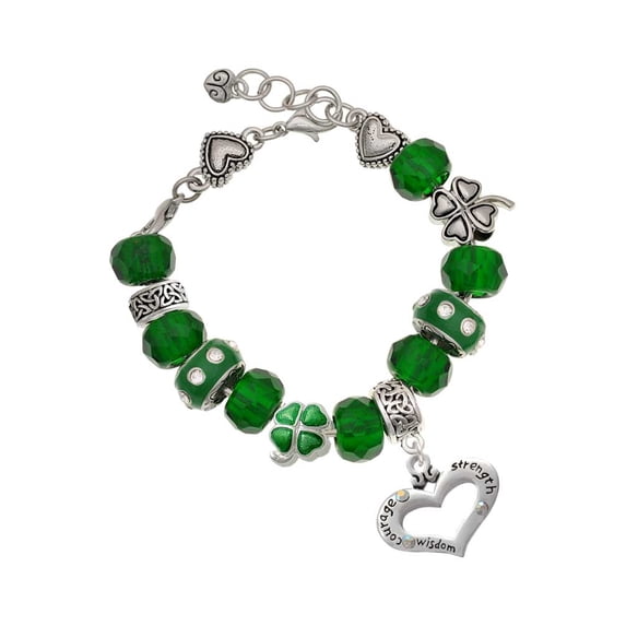 Delight Jewelry Silvertone Heart with 3 AB Crystals - Courage Strength Wisdom - Green Irish Luck Bead Charm Bracelet, 7.5"