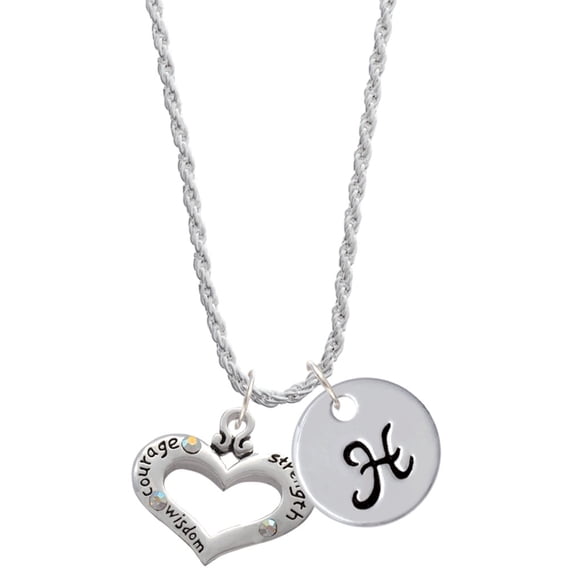 Delight Jewelry Silvertone Heart with 3 AB Crystals - Courage Strength Wisdom Silvertone Script Initial Disc - H - Charm Necklace, 20"+3"